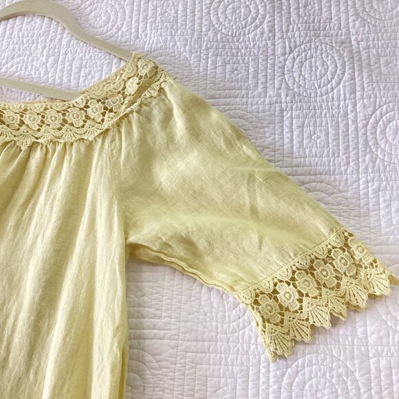 Piazza Roma 100% Linen Blouse Tunic Shirt Size M Buttery Yellow W/ Lace Details - Picture 6 of 13